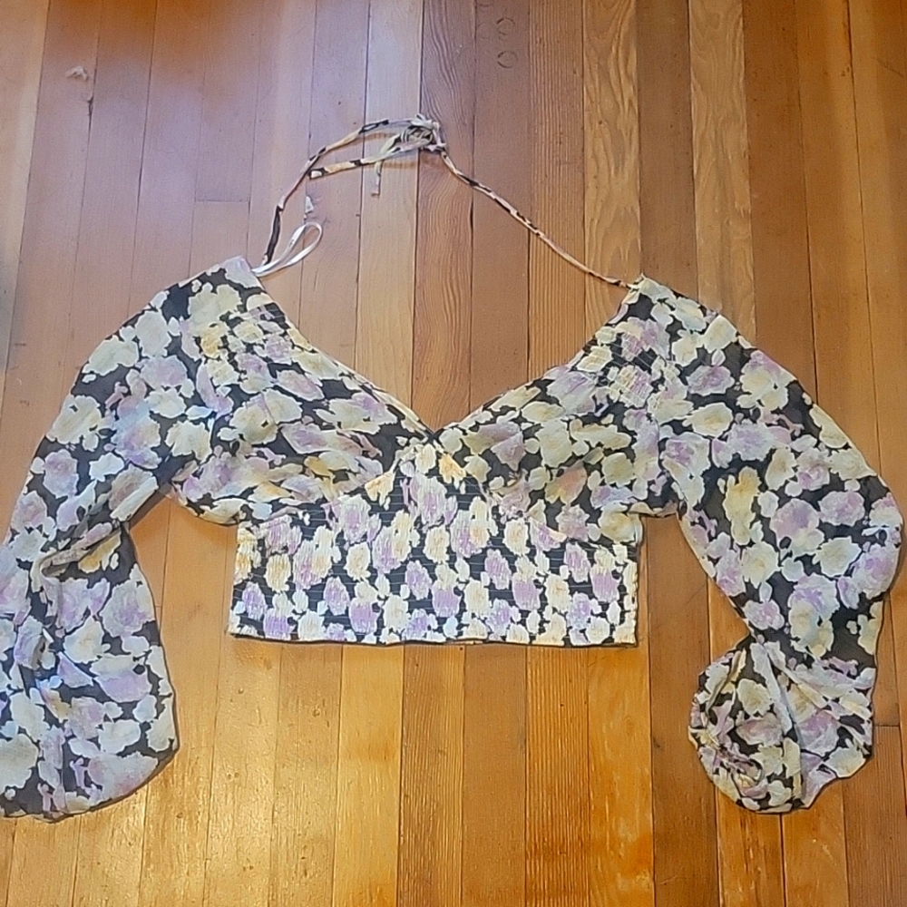 Romantic Impression Black Floral Print Smocked Long Sleeve Top Size XL